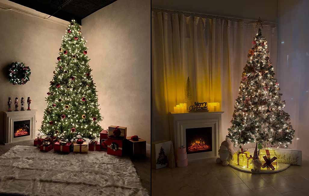 Two Christmas photography sets at La Vie Rental Studio Clearwater FL — rustic warm-toned set with nutcrackers and traditional tree on the left, modern silver frosted tree and candlelit fireplace on the right